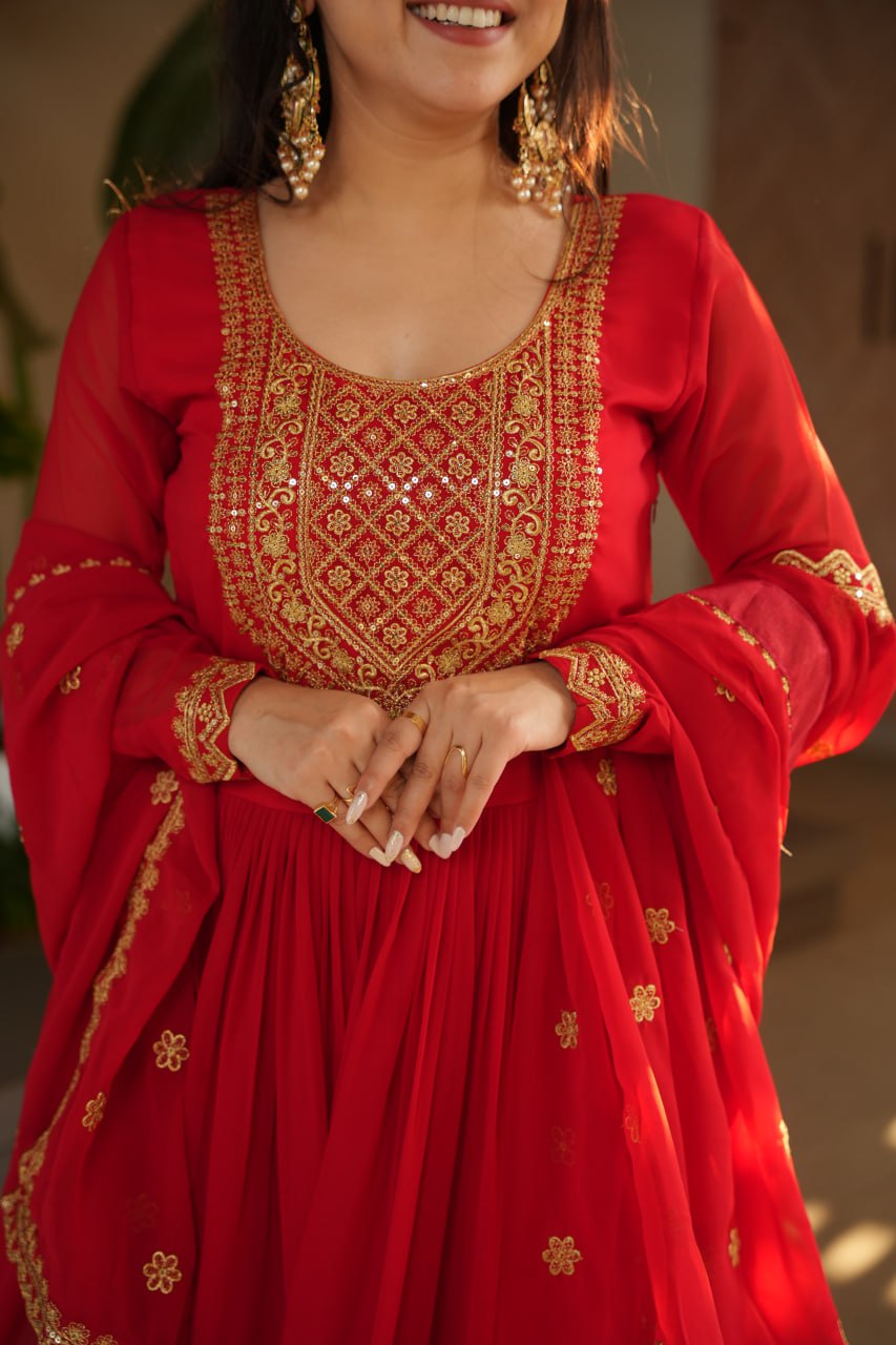 Women's Radiant Red Anarkali Suit Set with Golden Zari & Sequin Embroidery β Perfect for Festive & Wedding Occasions - Image 7